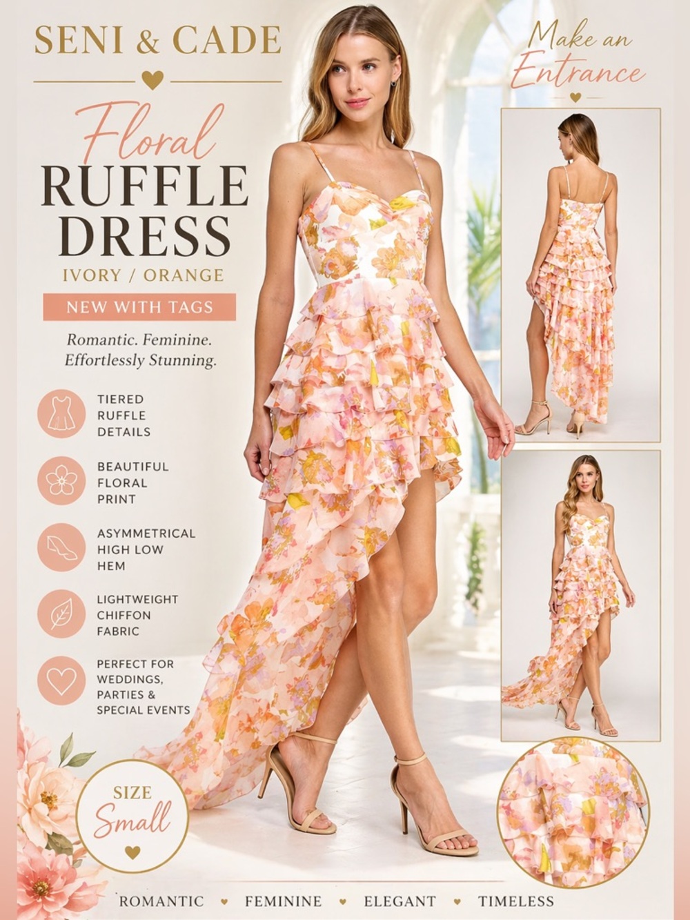 Seni & Cade Floral Asymmetric Ruffle High Low Dress Ivory Orange Small NWT
